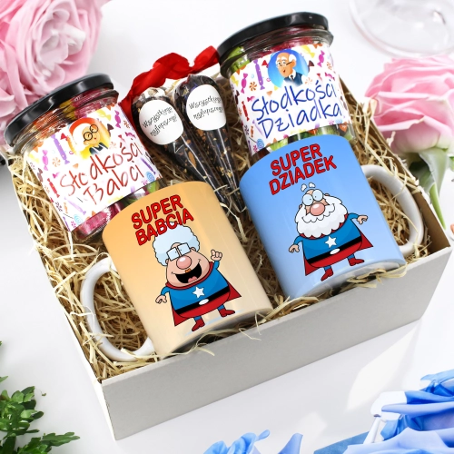 PREZENT ZESTAW NA DZIEŃ BABCI I DZIADKA KUBKI + SŁODYCZE BABCIA DZIADEK