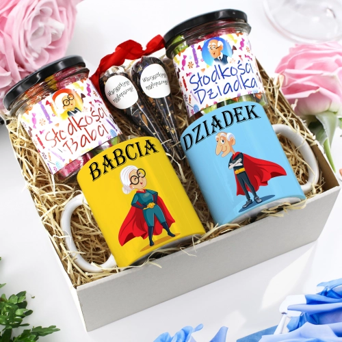 PREZENT ZESTAW NA DZIEŃ BABCI I DZIADKA KUBKI + SŁODYCZE BABCIA DZIADEK