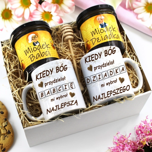 PREZENT ZESTAW NA DZIEŃ BABCI I DZIADKA KUBKI + MIÓD BABCIA DZIADEK KOMPLET