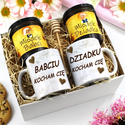 PREZENT ZESTAW NA DZIEŃ BABCI I DZIADKA KUBKI + MIÓD BABCIA DZIADEK KOMPLET