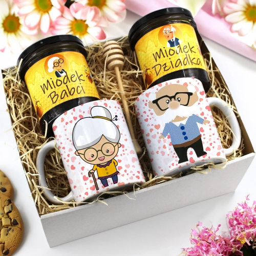 PREZENT ZESTAW NA DZIEŃ BABCI I DZIADKA KUBKI + MIÓD BABCIA DZIADEK KOMPLET