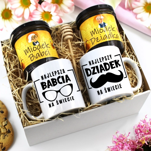 PREZENT ZESTAW NA DZIEŃ BABCI I DZIADKA KUBKI + MIÓD BABCIA DZIADEK KOMPLET