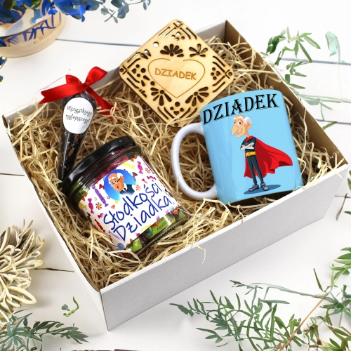 KOMPLET PREZENTOWY DLA DZIADKA KUBEK SŁODYCZE HERBATA PODSTAWKA DZIADEK