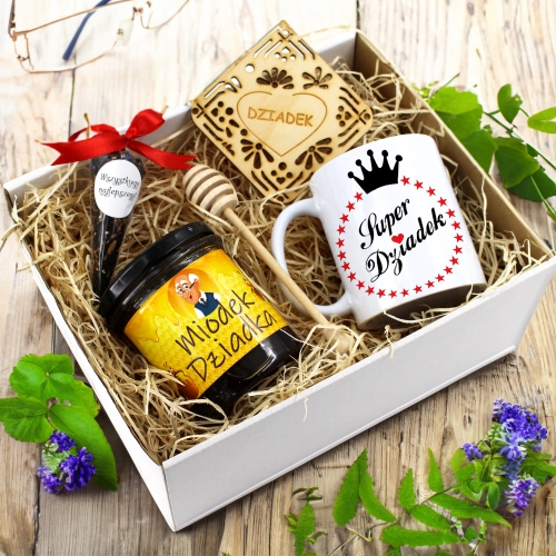 ZESTAW PREZENTOWY DLA DZIADKA KUBEK MIÓD HERBATA PODSTAWKA DZIADEK UPOMINEK