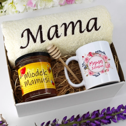 KOMPLET DLA MAMY RĘCZNIK Z HAFTEM + KUBEK + MIÓD PREZENT DZIEŃ MATKI MAMA