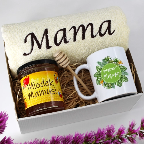 KOMPLET DLA MAMY RĘCZNIK Z HAFTEM + KUBEK + MIÓD PREZENT DZIEŃ MATKI MAMA
