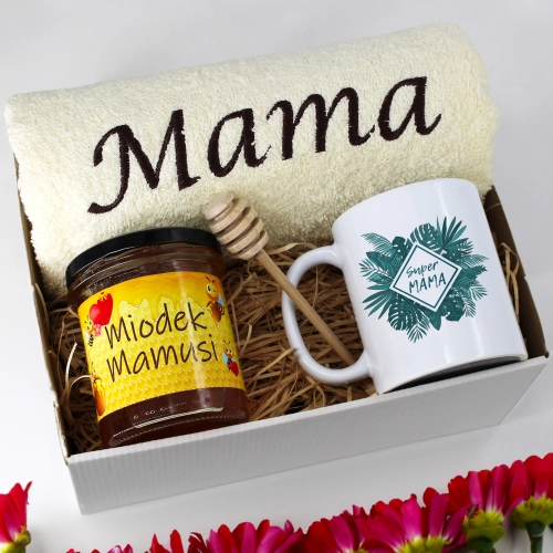 KOMPLET DLA MAMY RĘCZNIK Z HAFTEM + KUBEK + MIÓD PREZENT DZIEŃ MATKI MAMA