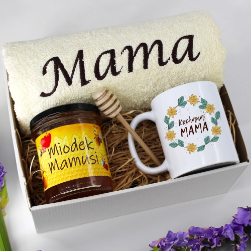 KOMPLET DLA MAMY RĘCZNIK Z HAFTEM + KUBEK + MIÓD PREZENT DZIEŃ MATKI MAMA