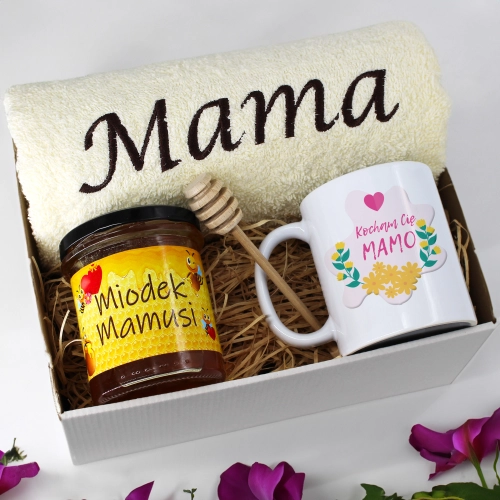 KOMPLET DLA MAMY RĘCZNIK Z HAFTEM + KUBEK + MIÓD PREZENT DZIEŃ MATKI MAMA