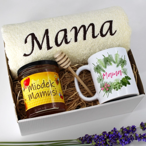 KOMPLET DLA MAMY RĘCZNIK Z HAFTEM + KUBEK + MIÓD PREZENT DZIEŃ MATKI MAMA