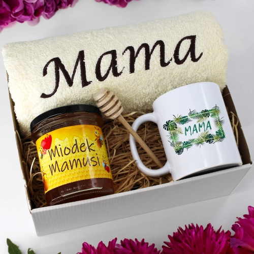 KOMPLET DLA MAMY RĘCZNIK Z HAFTEM + KUBEK + MIÓD PREZENT DZIEŃ MATKI MAMA
