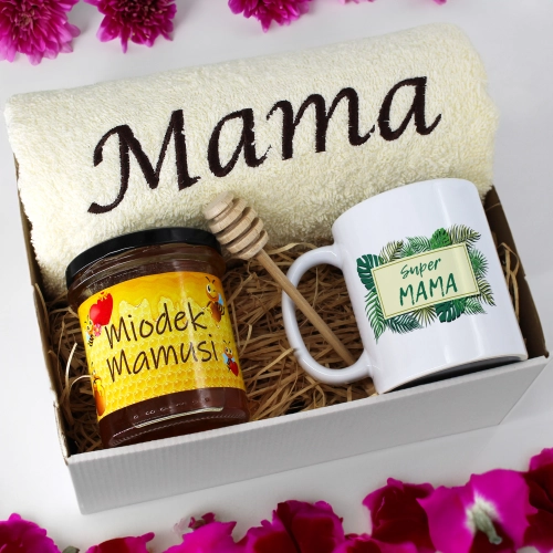 KOMPLET DLA MAMY RĘCZNIK Z HAFTEM + KUBEK + MIÓD PREZENT DZIEŃ MATKI MAMA