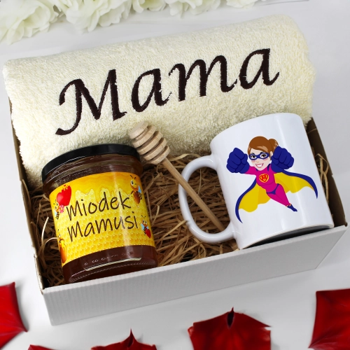 KOMPLET DLA MAMY RĘCZNIK Z HAFTEM + KUBEK + MIÓD PREZENT DZIEŃ MATKI MAMA