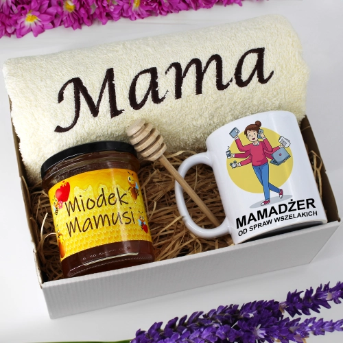 KOMPLET DLA MAMY RĘCZNIK Z HAFTEM + KUBEK + MIÓD PREZENT DZIEŃ MATKI MAMA