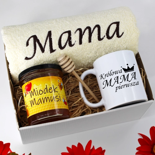 KOMPLET DLA MAMY RĘCZNIK Z HAFTEM + KUBEK + MIÓD PREZENT DZIEŃ MATKI MAMA