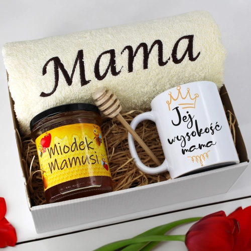 KOMPLET DLA MAMY RĘCZNIK Z HAFTEM + KUBEK + MIÓD PREZENT DZIEŃ MATKI MAMA
