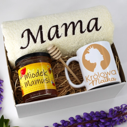 KOMPLET DLA MAMY RĘCZNIK Z HAFTEM + KUBEK + MIÓD PREZENT DZIEŃ MATKI MAMA