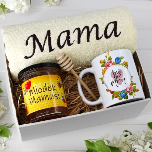 KOMPLET DLA MAMY RĘCZNIK Z HAFTEM + KUBEK + MIÓD PREZENT DZIEŃ MATKI MAMA