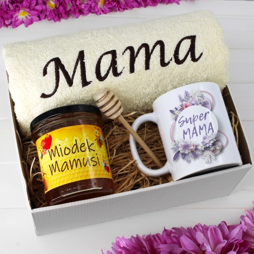 KOMPLET DLA MAMY RĘCZNIK Z HAFTEM + KUBEK + MIÓD PREZENT DZIEŃ MATKI MAMA