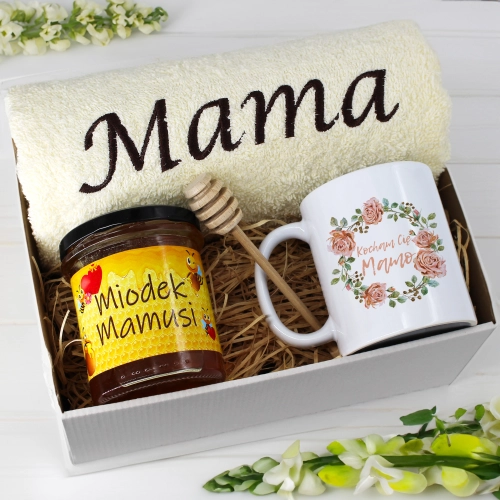 KOMPLET DLA MAMY RĘCZNIK Z HAFTEM + KUBEK + MIÓD PREZENT DZIEŃ MATKI MAMA