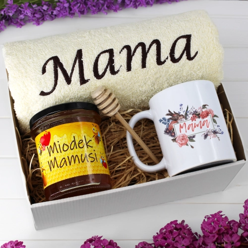 KOMPLET DLA MAMY RĘCZNIK Z HAFTEM + KUBEK + MIÓD PREZENT DZIEŃ MATKI MAMA