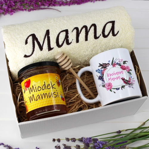 KOMPLET DLA MAMY RĘCZNIK Z HAFTEM + KUBEK + MIÓD PREZENT DZIEŃ MATKI MAMA