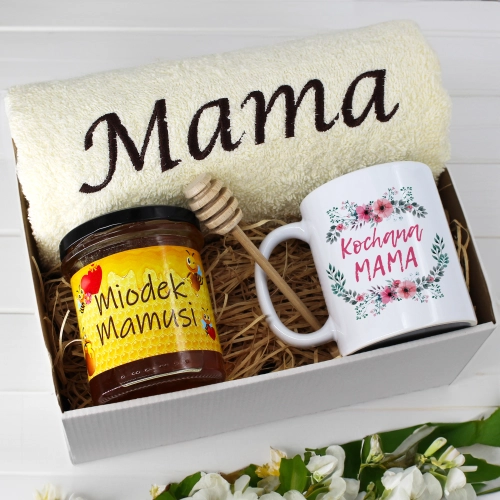 KOMPLET DLA MAMY RĘCZNIK Z HAFTEM + KUBEK + MIÓD PREZENT DZIEŃ MATKI MAMA
