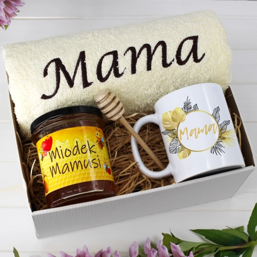 KOMPLET DLA MAMY RĘCZNIK Z HAFTEM + KUBEK + MIÓD PREZENT DZIEŃ MATKI MAMA