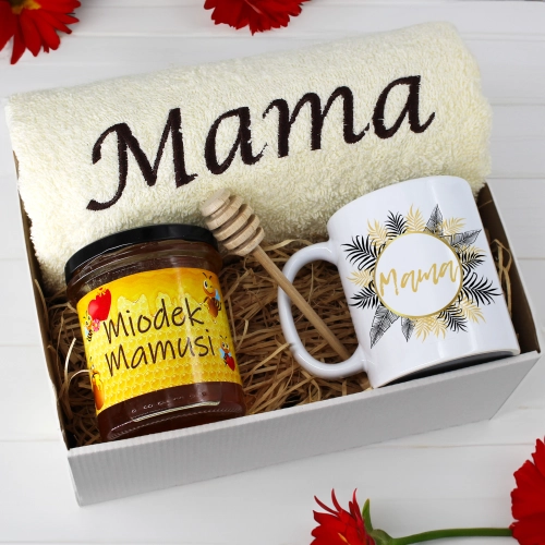 KOMPLET DLA MAMY RĘCZNIK Z HAFTEM + KUBEK + MIÓD PREZENT DZIEŃ MATKI MAMA