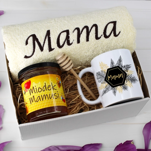KOMPLET DLA MAMY RĘCZNIK Z HAFTEM + KUBEK + MIÓD PREZENT DZIEŃ MATKI MAMA