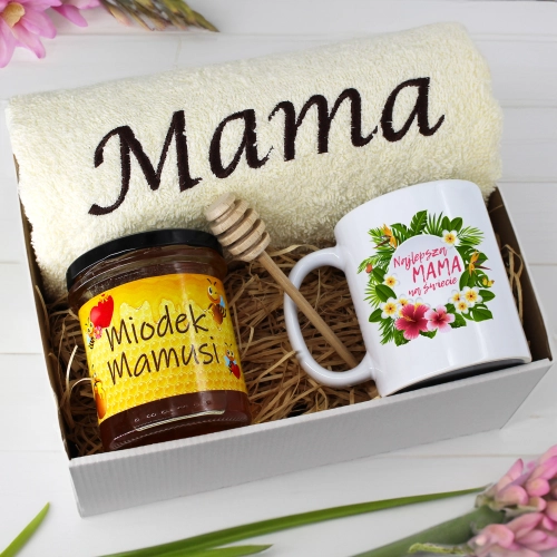 KOMPLET DLA MAMY RĘCZNIK Z HAFTEM + KUBEK + MIÓD PREZENT DZIEŃ MATKI MAMA
