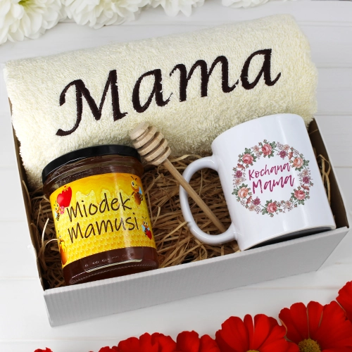 KOMPLET DLA MAMY RĘCZNIK Z HAFTEM + KUBEK + MIÓD PREZENT DZIEŃ MATKI MAMA