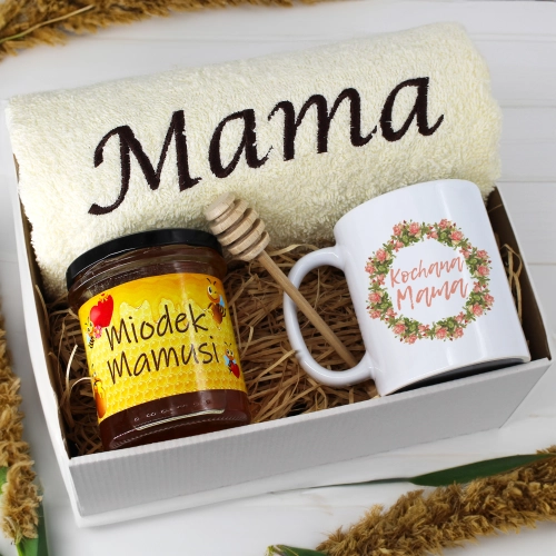 KOMPLET DLA MAMY RĘCZNIK Z HAFTEM + KUBEK + MIÓD PREZENT DZIEŃ MATKI MAMA