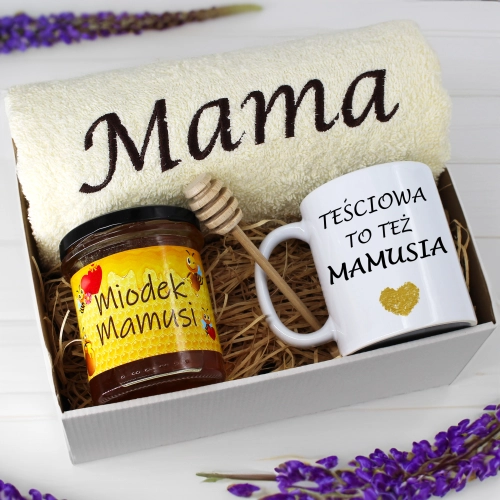 KOMPLET DLA MAMY RĘCZNIK Z HAFTEM + KUBEK + MIÓD PREZENT DZIEŃ MATKI MAMA