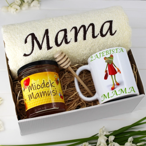 KOMPLET DLA MAMY RĘCZNIK Z HAFTEM + KUBEK + MIÓD PREZENT DZIEŃ MATKI MAMA