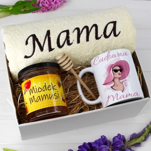 KOMPLET DLA MAMY RĘCZNIK Z HAFTEM + KUBEK + MIÓD PREZENT DZIEŃ MATKI MAMA
