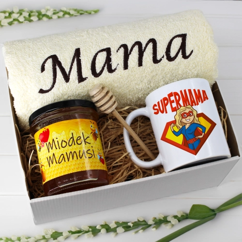 KOMPLET DLA MAMY RĘCZNIK Z HAFTEM + KUBEK + MIÓD PREZENT DZIEŃ MATKI MAMA