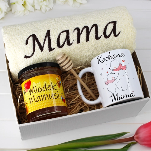 KOMPLET DLA MAMY RĘCZNIK Z HAFTEM + KUBEK + MIÓD PREZENT DZIEŃ MATKI MAMA