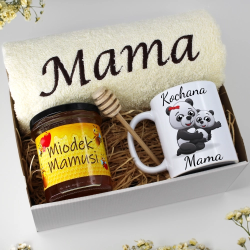 KOMPLET DLA MAMY RĘCZNIK Z HAFTEM + KUBEK + MIÓD PREZENT DZIEŃ MATKI MAMA