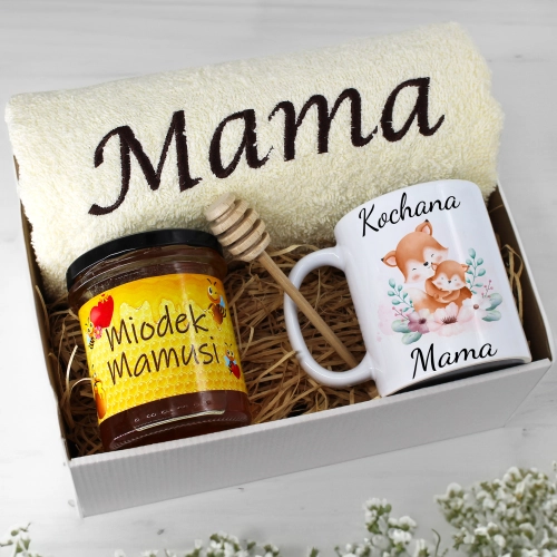 KOMPLET DLA MAMY RĘCZNIK Z HAFTEM + KUBEK + MIÓD PREZENT DZIEŃ MATKI MAMA