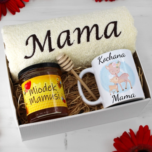 KOMPLET DLA MAMY RĘCZNIK Z HAFTEM + KUBEK + MIÓD PREZENT DZIEŃ MATKI MAMA