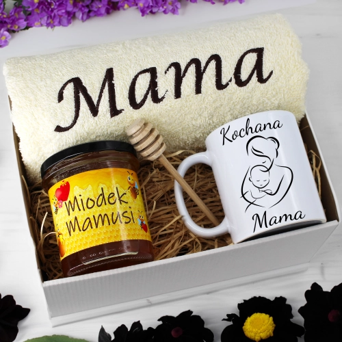 KOMPLET DLA MAMY RĘCZNIK Z HAFTEM + KUBEK + MIÓD PREZENT DZIEŃ MATKI MAMA