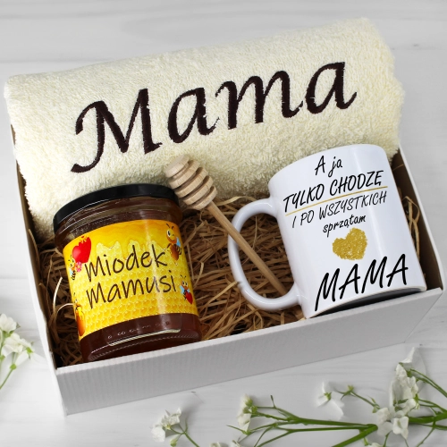 KOMPLET DLA MAMY RĘCZNIK Z HAFTEM + KUBEK + MIÓD PREZENT DZIEŃ MATKI MAMA