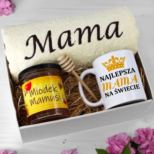 KOMPLET DLA MAMY RĘCZNIK Z HAFTEM + KUBEK + MIÓD PREZENT DZIEŃ MATKI MAMA