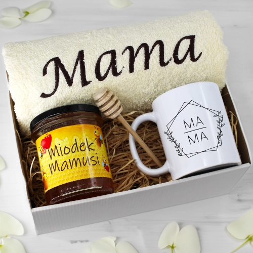 KOMPLET DLA MAMY RĘCZNIK Z HAFTEM + KUBEK + MIÓD PREZENT DZIEŃ MATKI MAMA