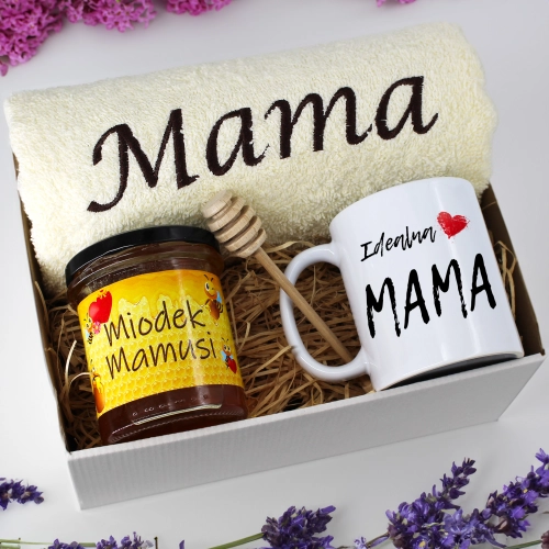 KOMPLET DLA MAMY RĘCZNIK Z HAFTEM + KUBEK + MIÓD PREZENT DZIEŃ MATKI MAMA
