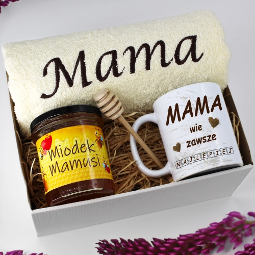 KOMPLET DLA MAMY RĘCZNIK Z HAFTEM + KUBEK + MIÓD PREZENT DZIEŃ MATKI MAMA