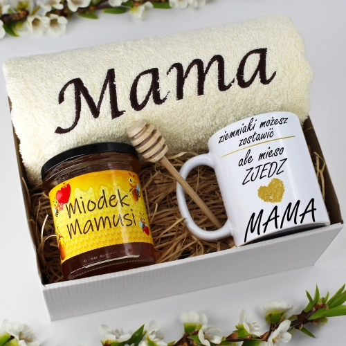 KOMPLET DLA MAMY RĘCZNIK Z HAFTEM + KUBEK + MIÓD PREZENT DZIEŃ MATKI MAMA