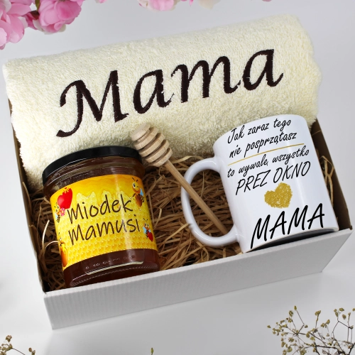 KOMPLET DLA MAMY RĘCZNIK Z HAFTEM + KUBEK + MIÓD PREZENT DZIEŃ MATKI MAMA