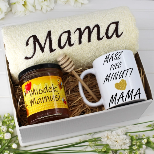 KOMPLET DLA MAMY RĘCZNIK Z HAFTEM + KUBEK + MIÓD PREZENT DZIEŃ MATKI MAMA